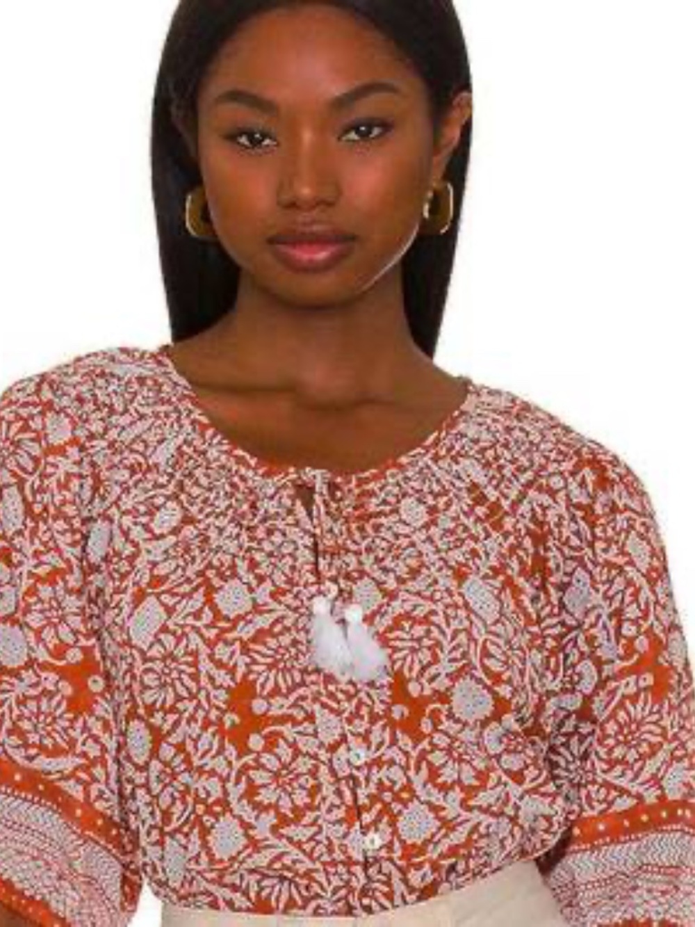Cleobella Adele Blouse Anila Block Print Organic Cotton Tassel Top S